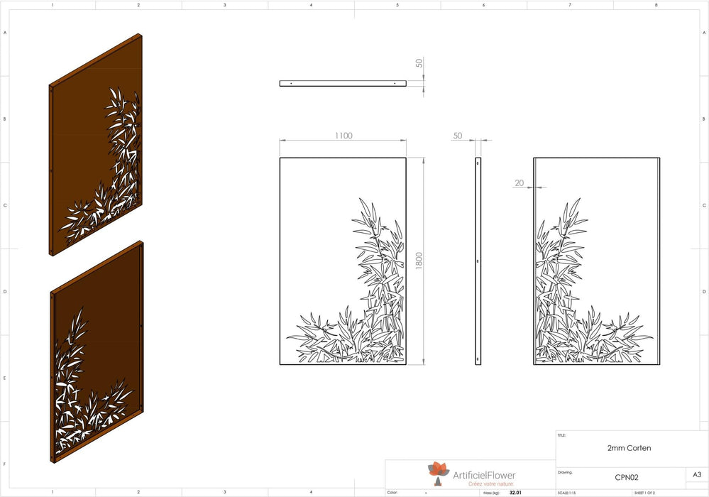 Bambus Corten Panel For Hageterrasse H.180X110 Cm